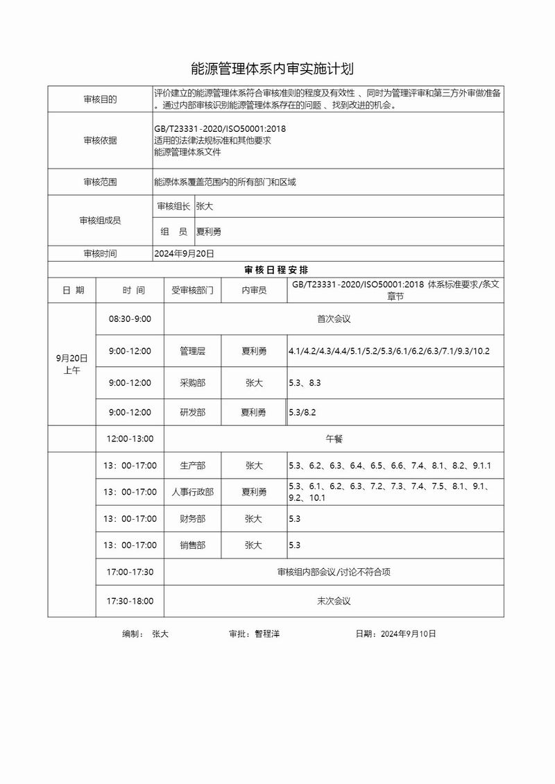 能源管理體系內(nèi)部審核實(shí)施計(jì)劃